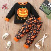 2pcs autumn boys long-sleeved pumpkin letter printed top + trousers baby cotton homewear suit kids fashion halloween costumes