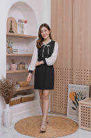 Pearly mini dress มินิเดรสแขนชีฟองทูโทน ดีเทลคอระบาย กระดุมมุก ผูกโบว์ (ED-05) A-Line