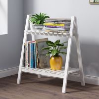 ❆❆ↂ Floor Type 2-Tier Storage Rack Wooden Ladder Shelf Bookcase Foldable Multifunctional Plant Flower Display Stand Plant Stand