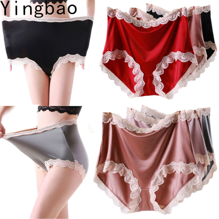 Yingbao 55-120kg Panties Women Plus Size Lace High Waist High Cut Ladies  Ice Silk Cool Summer Ladies Woman Satin Underwear Big Size 100kg XXXL 4XL  5XL