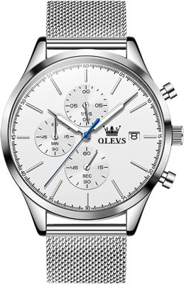 OLEVS Mens Watch Fashion Minimalist Chronograph Quartz Analog Mesh Stainless Steel Waterproof Luminous Watches for Men with Auto Date silver watch