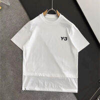 2023 Yohji Yamamoto 23SS ฤดูร้อนลายเซ็นแสตมป์ Casual Versatile Splicing ดึงสายไฟแขนสั้นเสื้อยืดสำหรับผู้ชายและผู้หญิง