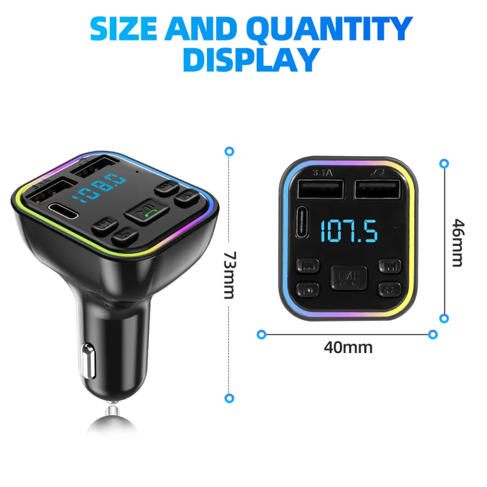 Car Bluetooth 5.0 Fm Transmitter Pd Type-c Dual Usb 3.1a Fast Charger  Colorful Ambient Light Handsfree Mp3 Modulator Player