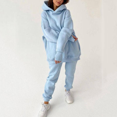 Womens Tracksuit Fleece Hooded Two Piece Set Oversized Hoodies Jogger Pants Sets Female 2021 Autumn Casual Lady Sportswear Suit