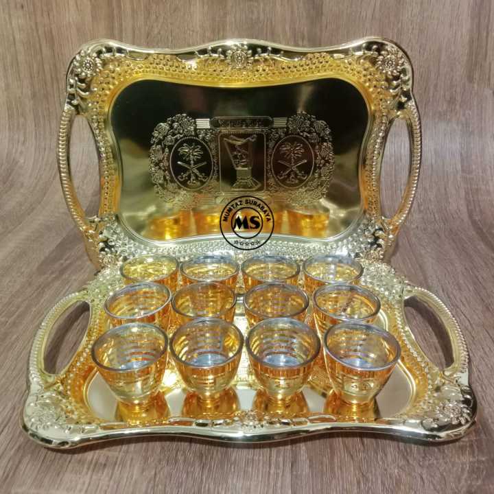 Paket Nampan Baki Arab Emas Gelas Air Zam Zam Gold 12 Pcs Paket 1 Set Gelas Zam Zam Gold 6024