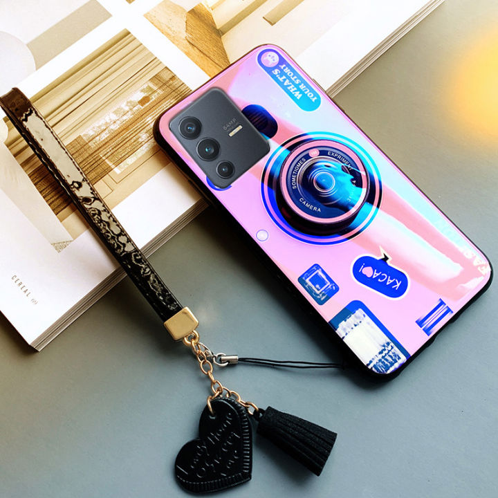 gloden-tree-for-vivo-v23-5g-case-camera-pattern-stand-beautiful-tassel-hand-strap-protective-back-cover-couple-cases