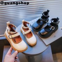 guangshop Minimalist สไตล์อังกฤษสาวหนังแบนรองเท้า Vintage Velcro Soft Sole Anti-Slippery รองเท้าเด็ก3-16ปี T22N09CC-16