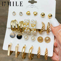 17MILE อินเทรนด์โลหะ Pearl Stud ต่างหูชุดผู้หญิง Vintage Gold สีรอบต่างหูสแควร์ชุดต่างหูของขวัญ Jewelry