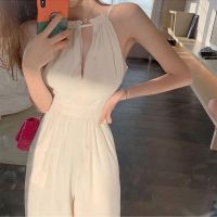 COD DSTGREYTRYT Summer 2022 White Hollow Jumpsuit Suit New Style Classy Off-The-Shoulder Sleeveless Halter Top Women High Waist Wide