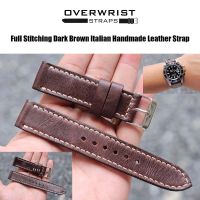 สายนาฬิกา สายหนังวัวแท้ overwrist full stitching dark brown italian handmade leather strap