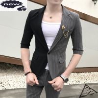 Mens Half Sleeve Blazer Jacket Suit Striped Patchwork Slim Fit Two Piece Set Business Man Coordinates Night Club Clothes Suits