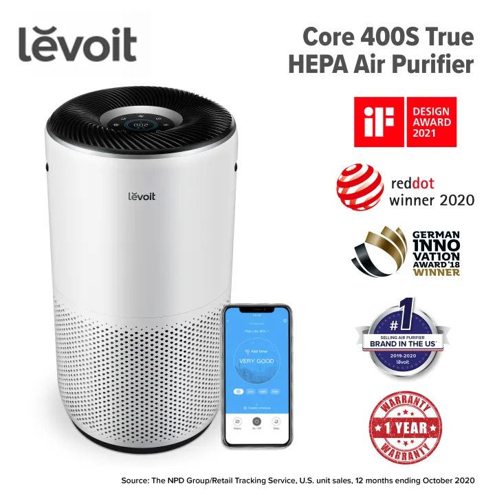 Levoit Core400S Smart Air Purifier, 3-Stage H13 True HEPA filters 99.97% of airborne particles 0.3microns in size for Allergies, Pets, Smoke, Dust, covers 80sqm Large Room, with Air Quality Monitor and PM 2.5 Display, White - BrightVivo
