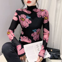 YIMEI เสื้อยืดฤดูใบไม้ผลิสถานียุโรป2023แขนยาวพิมพ์ลายใหม่ของผู้หญิงคอสูงแบบสวมหัว