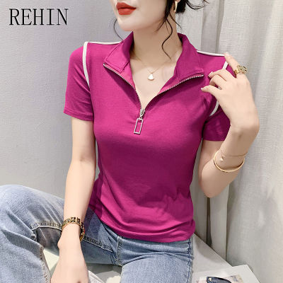 REHIN เสื้อยืดแขนสั้นคอซิปคอสูงมีสไตล์และอเนกประสงค์ของผู้หญิง