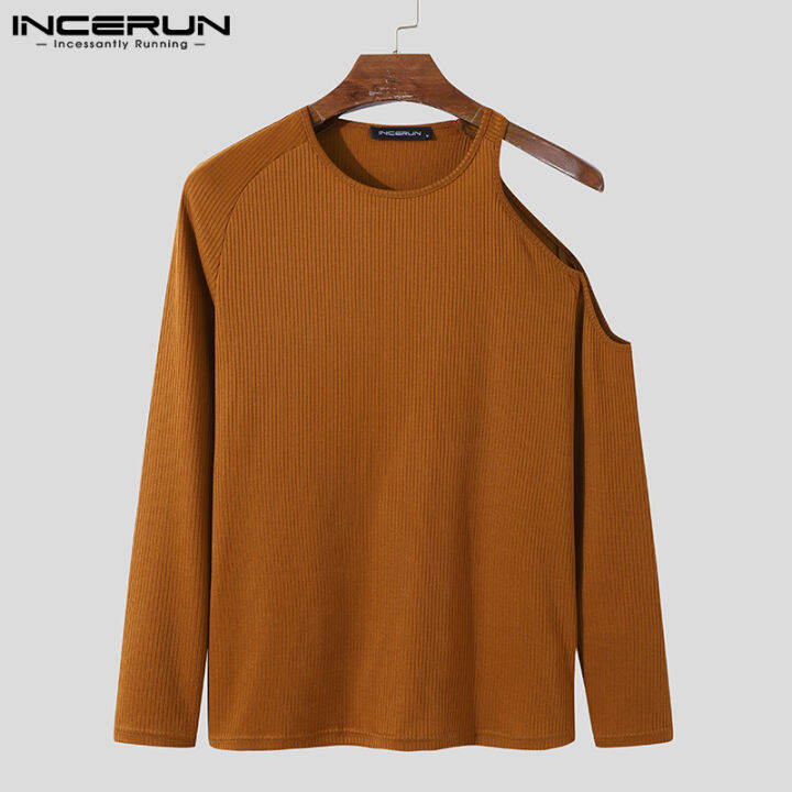 incerun-เสื้อเชิ้ตแขนยาวสำหรับผู้ชาย-เสื้อเบลาส์เสื้อยืดคอกลมเปิดไหล่สวมใส่สบาย