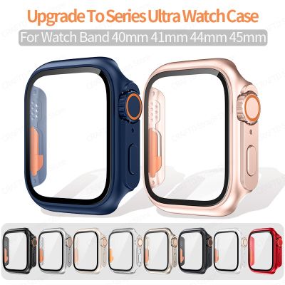 Upgrade To Series Ultra Cases for Apple Watch 7 8 6 5 Se 44mm 45 40 41 Accessories for Iwatch Series 7 Screen Protector PC Glass