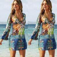 HOT★Dresses female superior quality Summer sexy v-neck printed chiffon long sleeve fashion Ladies frock dropshipping YML17704