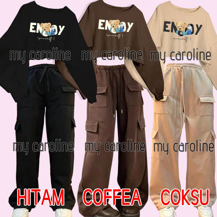 SETELAN SWEATER CROP TOP ENJOY BEAR JOLLY UP CARGO SWEAPANTS CELANA PANJANG Saku Tali Serut