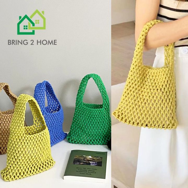 bring2home-กระเป๋าถือเชือกถัก-กระเป๋าถักสีสดใส-แถมฟรีกระเป๋าผ้าใบแบบหูรูดข้างใน