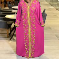 VONDA Women V ชุดดอกไม้พิมพ์ Midi คอยาวแขนเสื้อ (ขนาดพิเศษ)