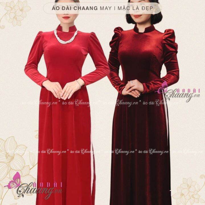 Áo Dài Nhung Đỏ ??Chaang?? Áo Dài Đẹp May Sẵn Cổ Vuông Hở Tay Phồng Đẹp,  Vải Truyền Thống Cao Cấp | Lazada.Vn