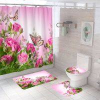 Pink Rose Butterfly Flowers Shower Curtains Set with Rugs Blooming Bathroom Decor Toilet Seat Cover Non-Slip Bath Mat Carpet