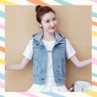 K2?แฟชั่น เสื้อกั๊กยีนส์ฮู๊ดถอดได้ กระเป๋าหน้า