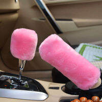 2pcs รถ Handbrake Plush ฝาครอบเกียร์ SHIFT KNOB HEAD Hairy กรณี Protector ฤดูใบไม้ร่วงฤดูหนาวสีชมพูน่ารัก Soft WARM จัดแต่งทรงผม-glsunjugdd