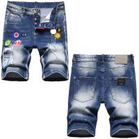 New Arrive Men’s Slim Stretch Blue Ripped Jeans Shorts Light Luxury Badge Decorating Street Shorts Fashion Sexy Casual Shorts;