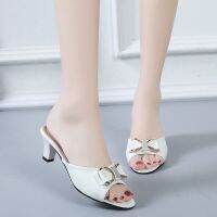 Korean Fashion All-match Bow Stiletto Heels Fish Mouth Slippers Plus Size