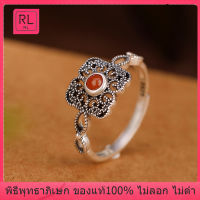 RL-แหวนเงิน S925 มงคล ดีไซน์สไตล์ราชสำนักคลาสสิก สุภาพสตรี แหวนเปิดปรับได้ แหวนทับทิม ลายดอกไม้