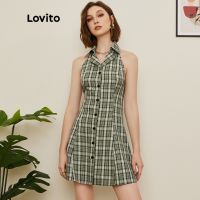 Lovito ชุดเดรสเชิ้ต มีปก โชว์หลัง ลายสก๊อต สไตล์เพร็พพี่ L19D049 (สีเขียว)