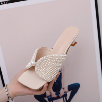 Outdoor Fashion Brand Square Head Peep Toe Low Thin Heel Women Sandal Slides Summer Mule Elegant Pearl Sadalias Femininas 35-39