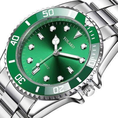 HotLuxury ยี่ห้อผู้ชายนาฬิกา YOLAKO แฟชั่นสีเขียวนาฬิกาสำหรับผู้ชายสบายๆกีฬานาฬิกาข้อมือผู้ชายสแตนเลสวันที่ควอตซ์นาฬิกา