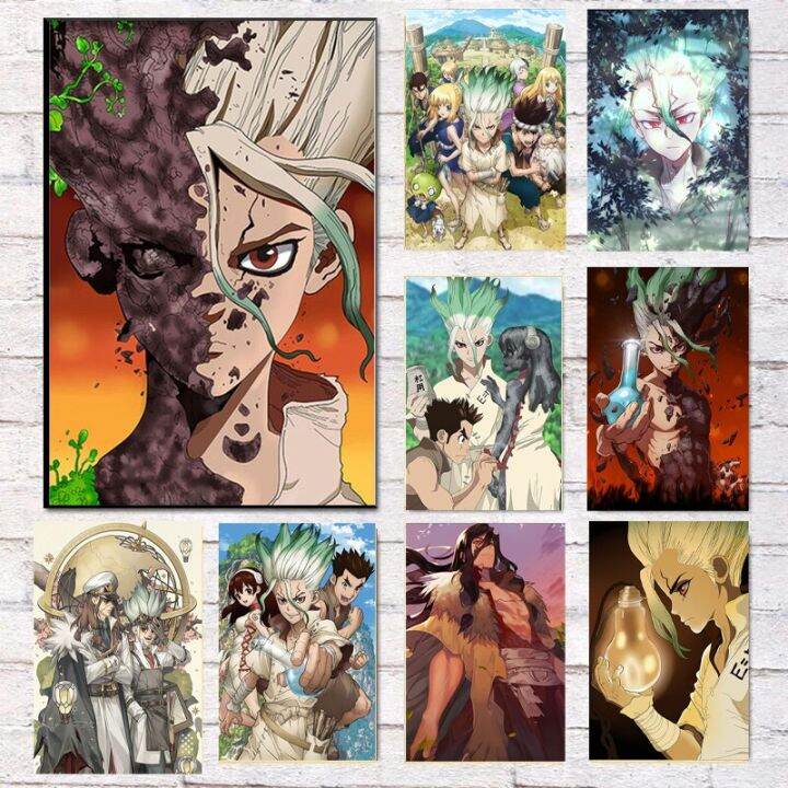 อะนิเมะ-dr-stone-ishigami-senku-shio-tsukasa-ภาพวาดผ้าใบโปสเตอร์-wall-art-สำหรับห้องนั่งเล่นตกแต่งบ้าน