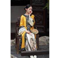 【LZ】■  Dinastia qing cetim amarelo impresso cheongsam manto chinês do vintage pesado indústria cavalo rosto saia original qipao vestido moderno