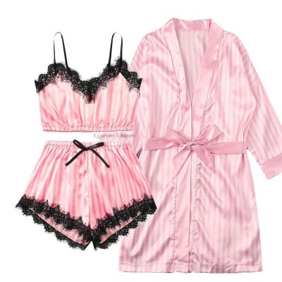 Silk Satin Lace Robe and Pajamas set Women Summer Faux Silk Sleepwear Pink Stripe Pijamas Bathrobe NightGown Homewear Robe Set