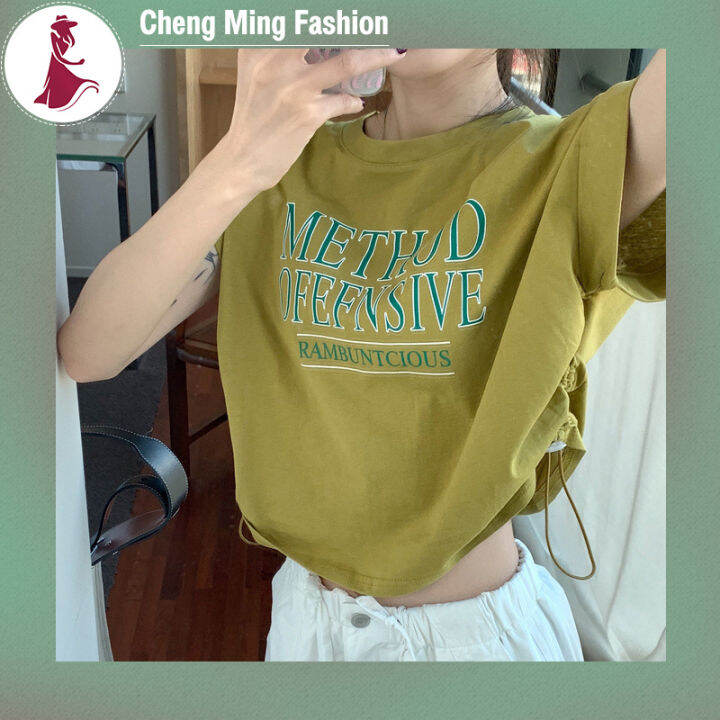 cheng-เสื้อยืดแขนสั้นผู้หญิง-เสื้อครอปทรงหลวมผูกเชือกแฟนซีฉบับภาษาเกาหลีฤดูร้อนสไตล์ใหม่