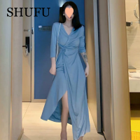 SHUFU 5105 สต็อกพร้อม สไตล์เกาหลี เดรสชีฟองสำหรับผู้หญิง พลัสไซส์ คอวี ฮาวาย เดรสแขนสั้น