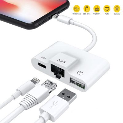 For Lightning to Premium Ethernet Adapter RJ45 LAN Wired Network Cable USB Camera Reader Overseas Travel Compact for iphoneipad
