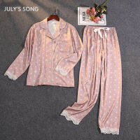 JULYS SONG Satin Womens Pajamas Sets Lace Crown Star Print Elegant Sweet Lady Faux Silk Long Sleeve Summer Spring Sleepwear