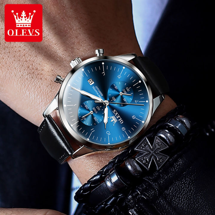 olevs-นาฬิกาผู้ชาย100-ท้จริง-กันน้ำ-หนัง-ควอตซ์ส่องสว่าง-มัลติฟังก์ชั่น-นาฬากาผู้ชาย