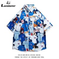 Lansboter เสื้อเชิ้ตแขนสั้นแนวฮาวายสำหรับผู้ชาย,เสื้อผ้าฝ้ายลำลองทรงหลวมพิมพ์ลายเสื้อเชิ้ตแขนลำลองขาสั้น