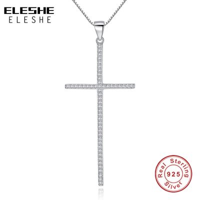 ELESHE Authentic 100 925 Sterling Silver Austrian Crystal Cross Necklaces Pendant Jewelry Fashion Women Statement Necklace