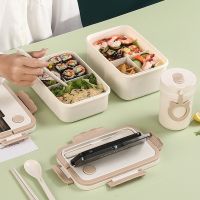 ▣♣ Wheat Straw Lunch Box 3 Grids Microwavable Fresh Bowl With Spoon Chopstick Leakproof Insulation Salad Fruit Container Tableware