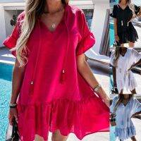 [COD] 2022 AliExpress eBay summer new solid V-neck ruffled short-sleeved pleated dress