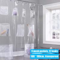 Waterproof Shower Curtain with Pocket for Touchscreen Devices Multi-functional Clear Shower Curtain Phone Tablet Holder Bathroom