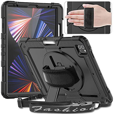 Timecity iPad Pro 12.9 Case 2018/ 2020/ 2021/ 2022 for Lively and Active Users, Protection Cover with Screen Protector, Stand, Handle, Strap Case for iPad 12.9 Inch 3rd/ 4th/ 5th/ 6th Gen - Black