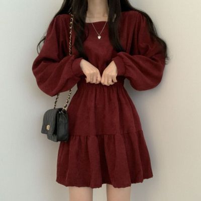 ผู้หญิงชุดแขนยาวสีทึบสแควร์คอ A-Line หวานวินเทจออกแบบเอวสูงมินิความยาวนุ่มเก๋เกาหลีสง่างาม