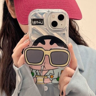 ◄❐ 【แว่นกันแดด ชินจัง】เคสโทรศัพท์มือถือ แบบนิ่ม ไล่โทนสีเงิน สําหรับ IPhone 12 13 14 MAX X XR XS